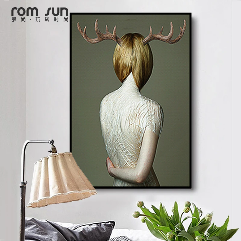 

Nordic Style Decoration Antlers Deer Girl Back Poster And Print Wall Art For Living Room Fashion Cuadros Decoracion Salon Ins