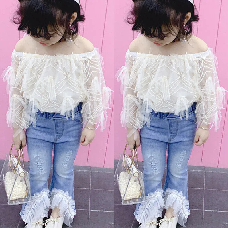 

PUDCOCO Sweet Toddler Kid Baby Girl Summer Lace Off Shoulder T-Shirt Tops Destroyed Jeans Pants Outfits Fashion Casual Set 1-6Y