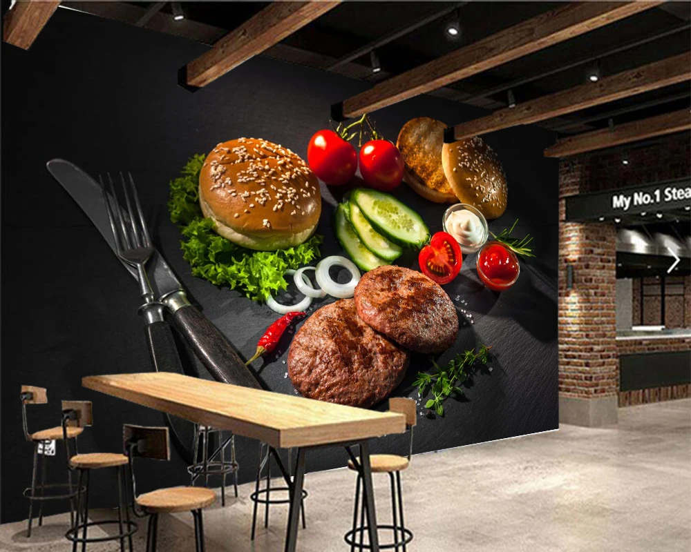 Обои 3d с ножом булочками мясом овощами едой магазином фаст фуда гостиной диваном