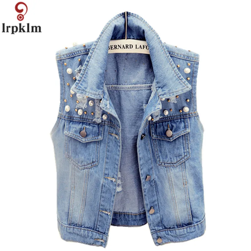 Light blue Женская куртка без рукавов, джинсовый жилет с бисером, короткий винтажный жилет, летняя тонкая модная уличная куртка без рукавов для женщин CH149 - Цвет: Light blue
