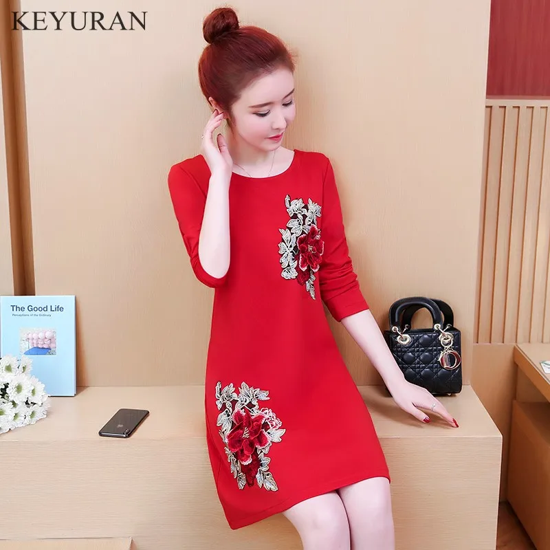 Women 3D Flower Embroidery Black Red Dress Spring Autumn Plus Size 5XL Long Sleeve Vintage Dresses For Ladies Vestidos De Festa | Женская