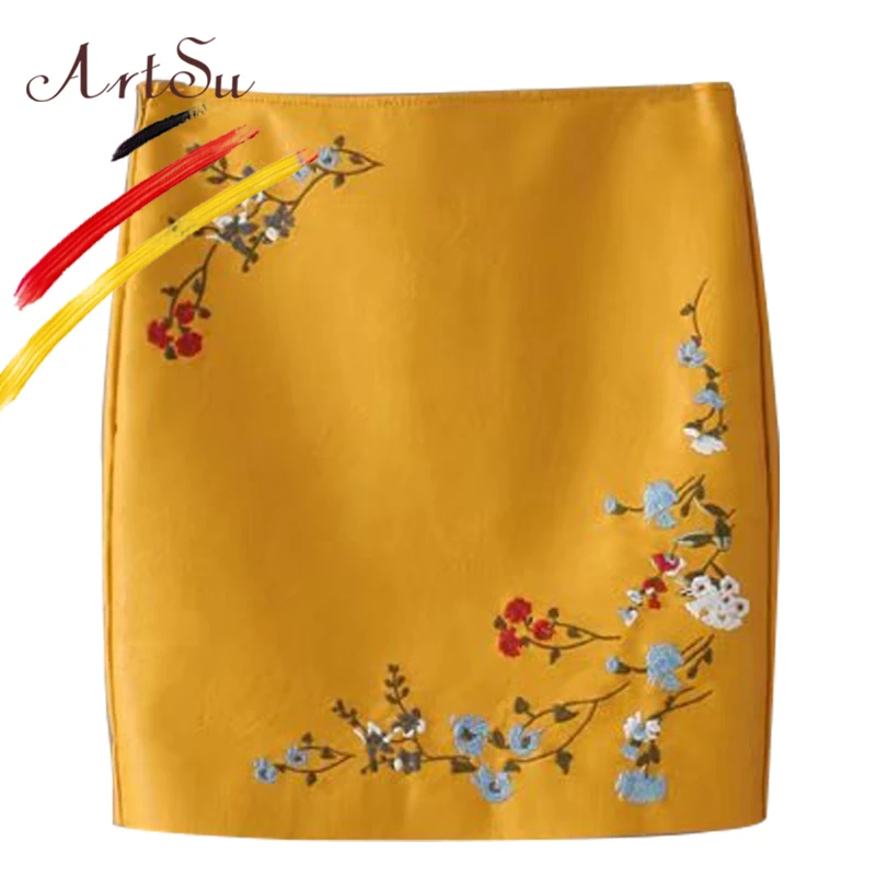 ArtSu винтажная Цветочная вышивка из искусственной кожи юбка-карандаш для женщин