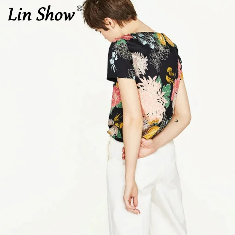 Linshow цветочный с цветочным принтом Футболка Для женщин короткий рукав