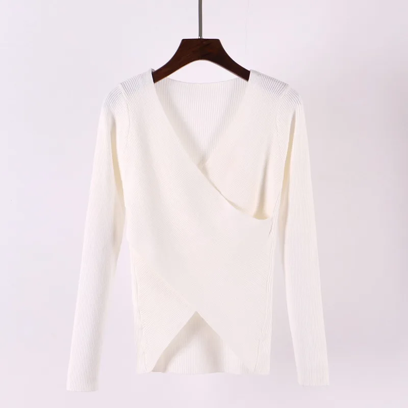 White 1202 ONLYSVTER Sexy V Neck Wrap Women Pullover Sweaters Autumn Winter Long Sleeve Soft Casual Jumper Ribbed Knitted Pull Top Femme - Цвет: White 1202