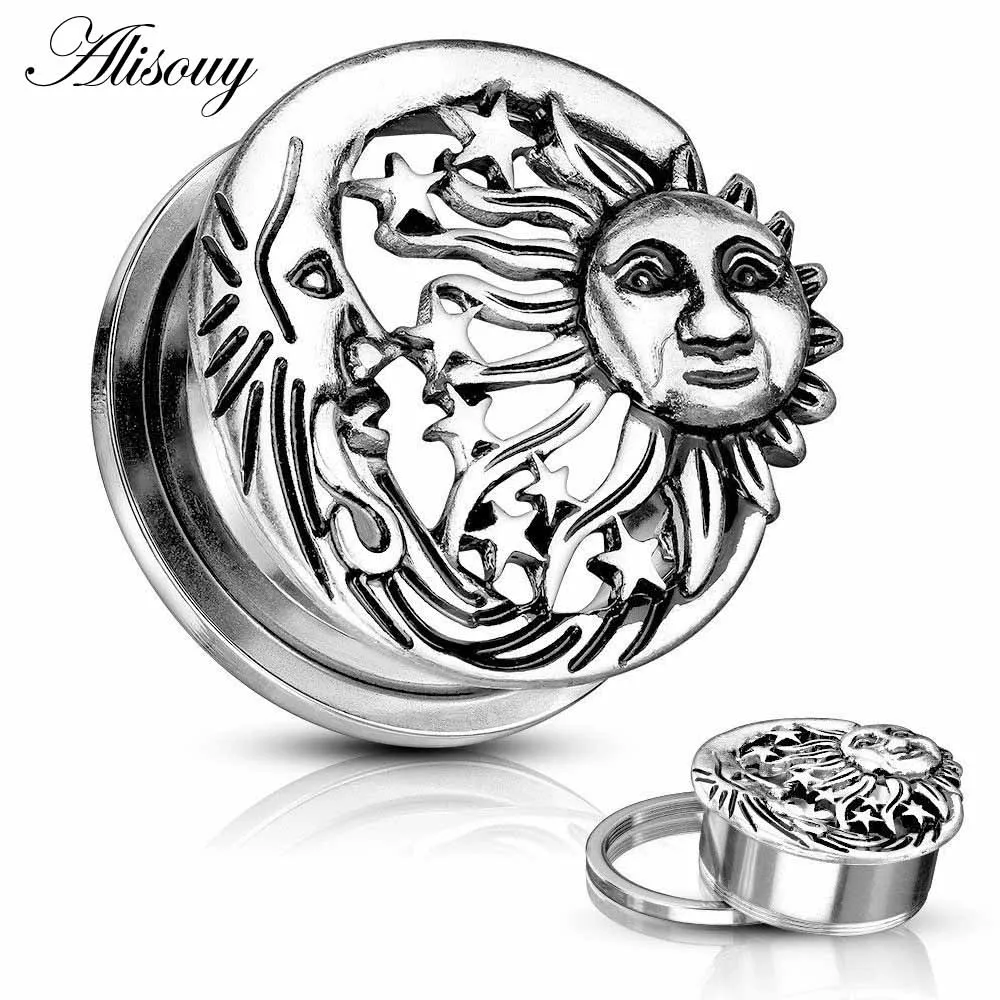 Sun Moon Пара Ретро цветок Солнце Луна лист нержавеющая сталь Пирсинг ушной расширитель ушной затычки носилки измерительные приборы плоти туннели пробки ювелирные изделия для тела - Окраска металла: Sun Moon