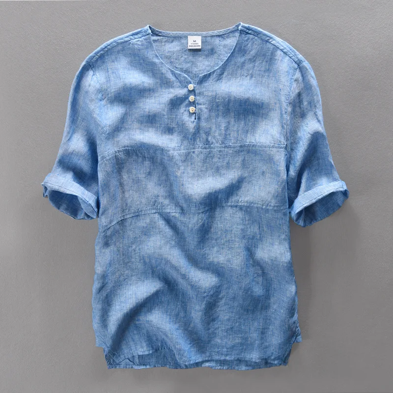 

Comfortable and Breathable Loose Pure Linen Shirts Men Short Sleeve None-Collar Flax Summer Men Shirt Brand Camisa masculina