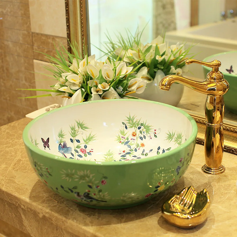 Jingdezhen Европейский стиль умывальник над прилавком синий белый цветы и птицы