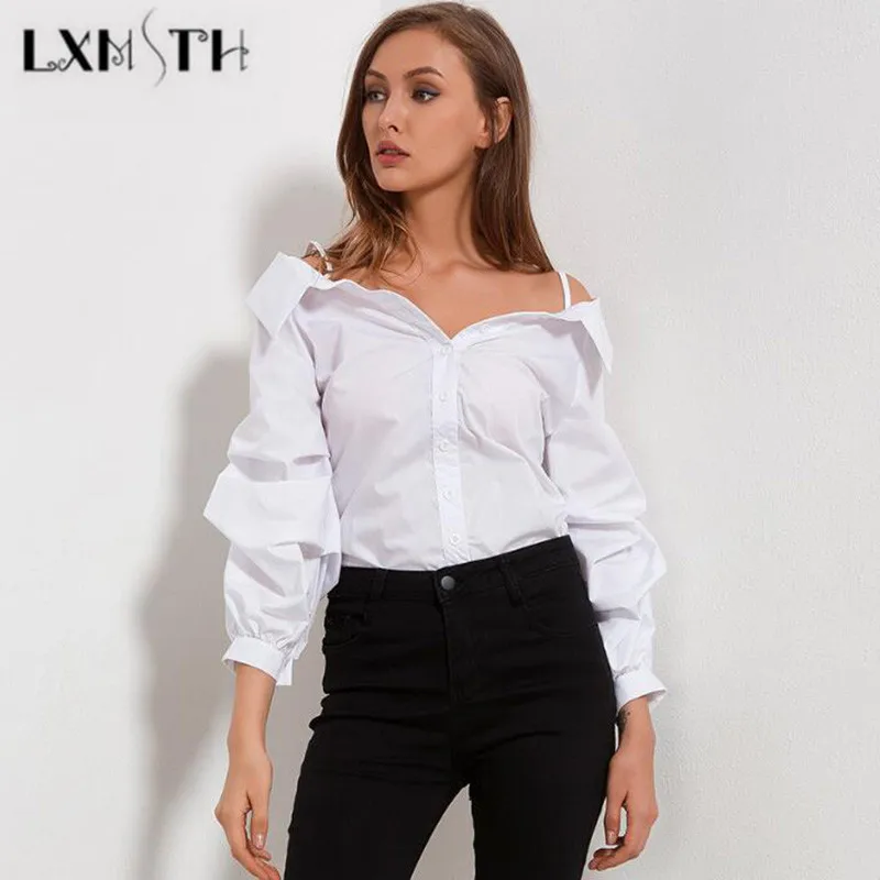 Женская блузка с длинным рукавом LXMSTH белая на тонких бретельках пышными рукавами