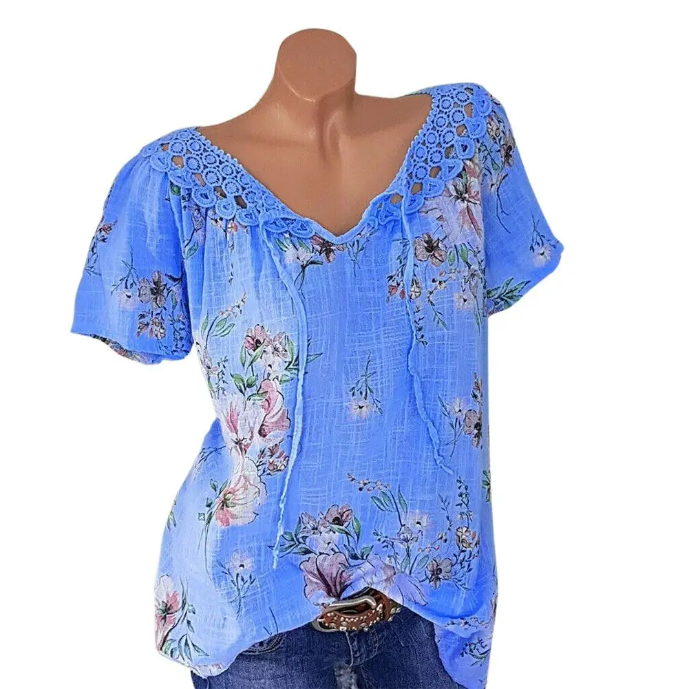 MISSKY 2019 New Women Spring Summer t shirt Lace Edge Hollow Out V-neck Fashion Print Short Sleeve T-shirt Female Clothes | Женская