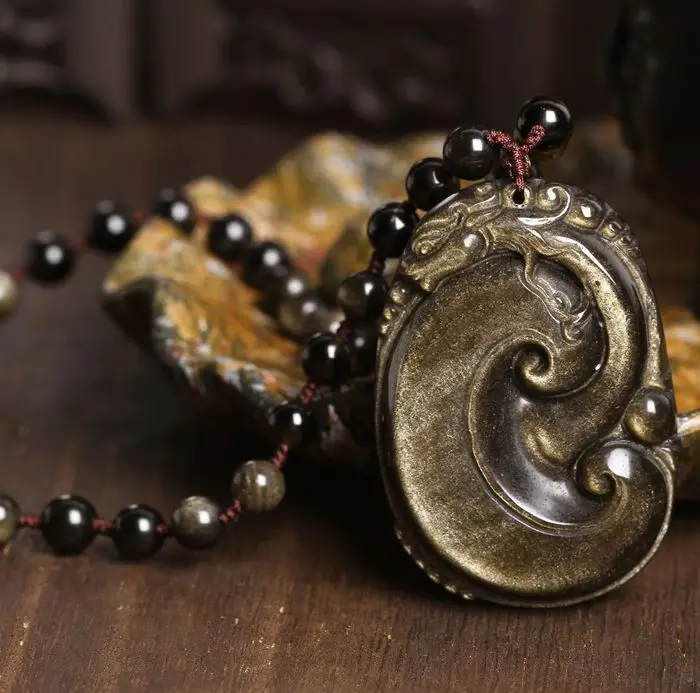 48x32mm Beautiful Natural Gold Obsidian Hand Carved Handmade Dragon RuYi Lucky Pendant + free Beads Necklace Fine Jewelry | Украшения и