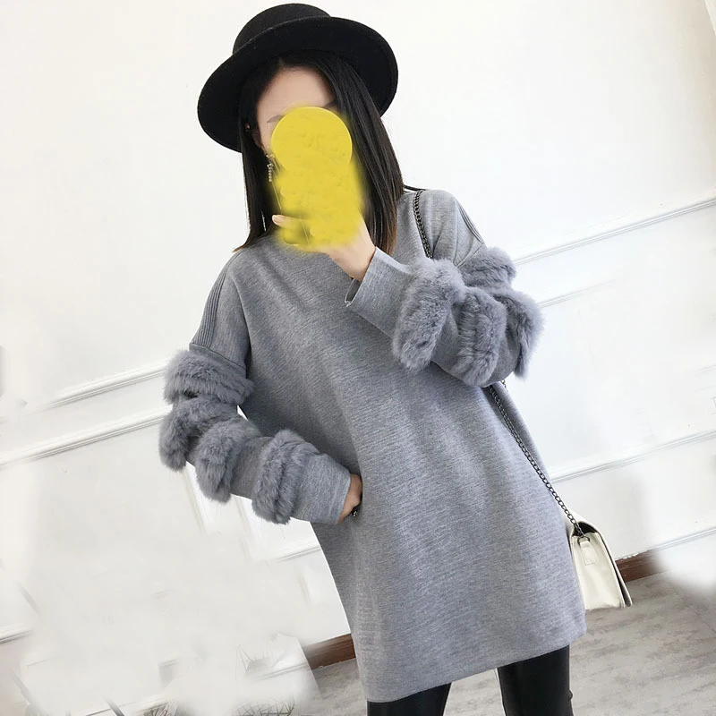 style 1 grey Luoyimeng, зимний женский свитер с жемчугом, платье, искусственный мех, негабаритный, водолазка, пуловеры, Корейская Лолита, длинный рукав, вязаный пуловер - Цвет: style 1 grey