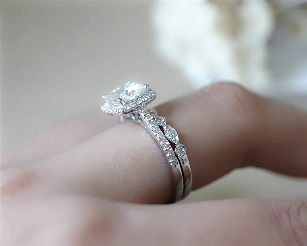 DUPUY 2.0ct Cushion Forever Brilliant Ring Set Art Deco Half Eternity Diamonds Wedding 14k White Gold Engagement | Украшения и