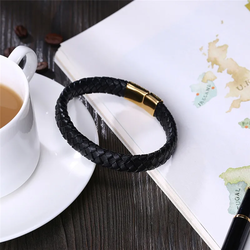 2017 г. панк черный плетеный кожаный браслет Магнитная застежка Простой Стиль