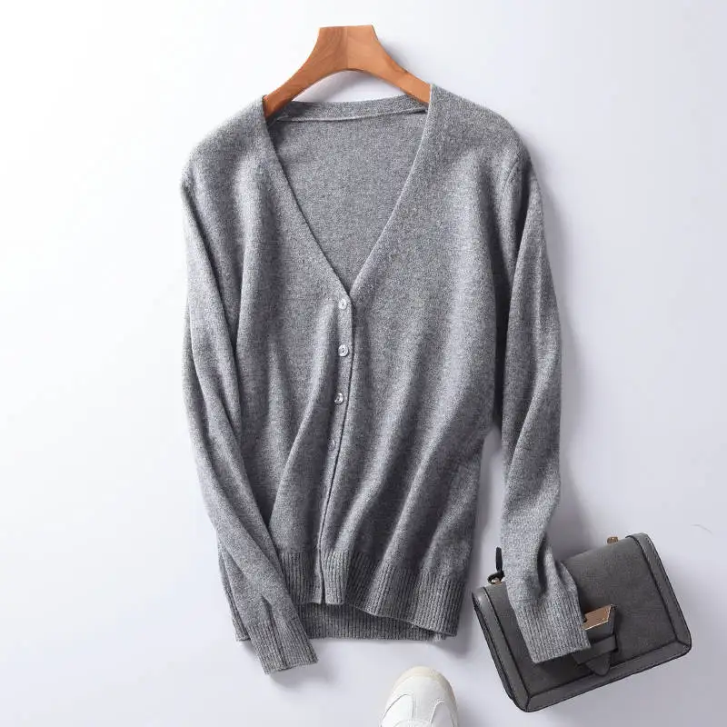 Vneck grey Кашемировый свитер для женщин зима и Весна О-образный вырез высокое качество кардиганы для женщин Горячая распродажа чистый кашемир вязанная верхняя одежда - Цвет: Vneck grey