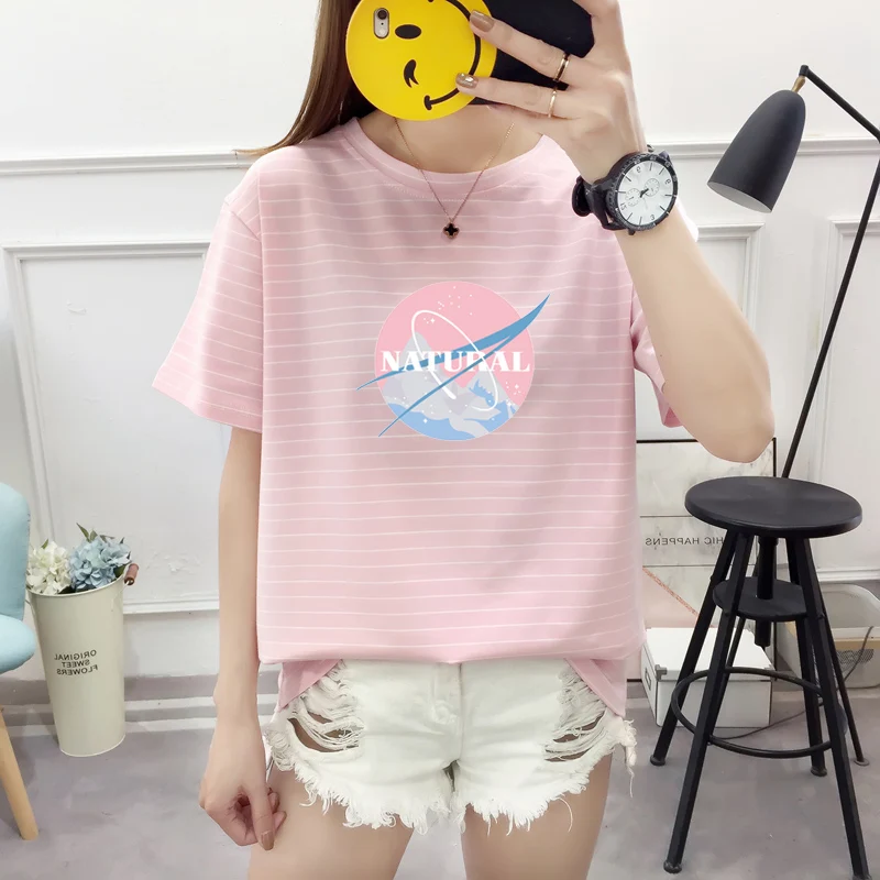 

Women Summer New Kpop Striped Tee Shirt Harajuku Casual Letter Printing Tees Round Neck Short-sleeved Pullover Cotton Top Female