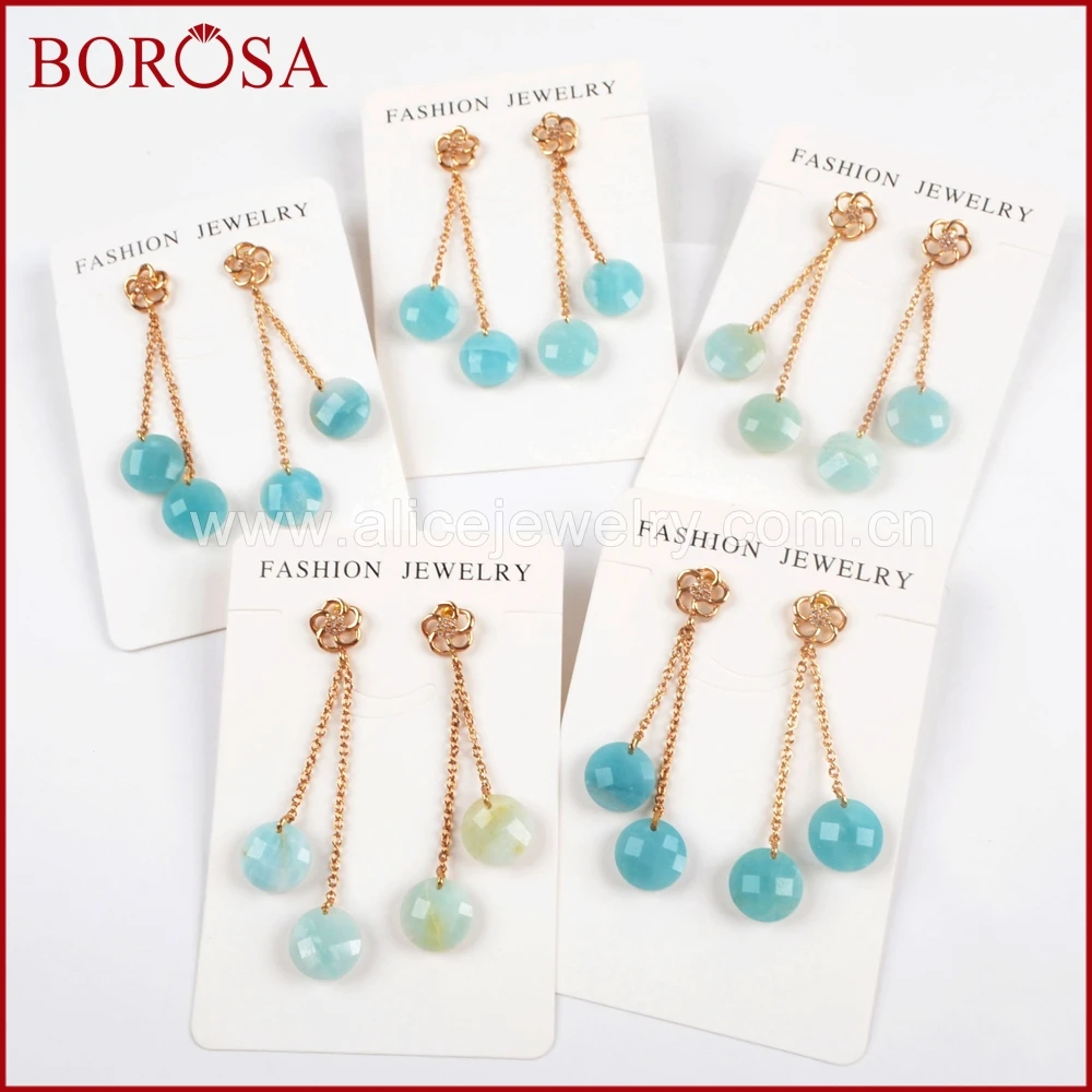 BOROSA 5 пар Позолоченные граненые серьги подвески с Amazon камнями ювелирные изделия