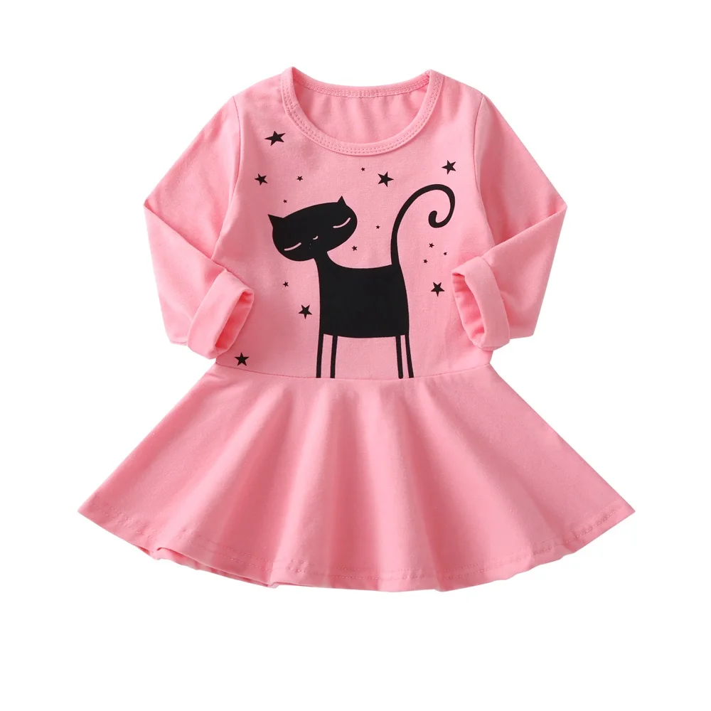 New Fashion Fall Winter Cat Print Children Long Sleeve Cartoon Baby Girl Cotton Party Dresses for Kids Princess Girls Dress | Детская