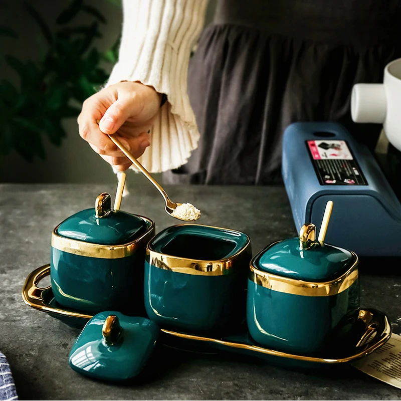 Изысканная темно-зеленая керамическая кухонная банка для сахара, миска, керамическая бутылка для хранения соли