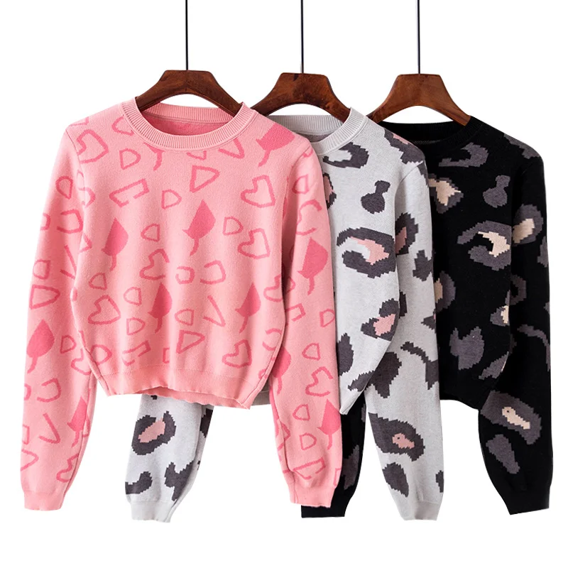 2019 Autumn Winter Women Sweater Short Pullover Knitted Leopard O-Neck Long Sleeve Fashion Casual Loose jumpers ladies | Женская одежда