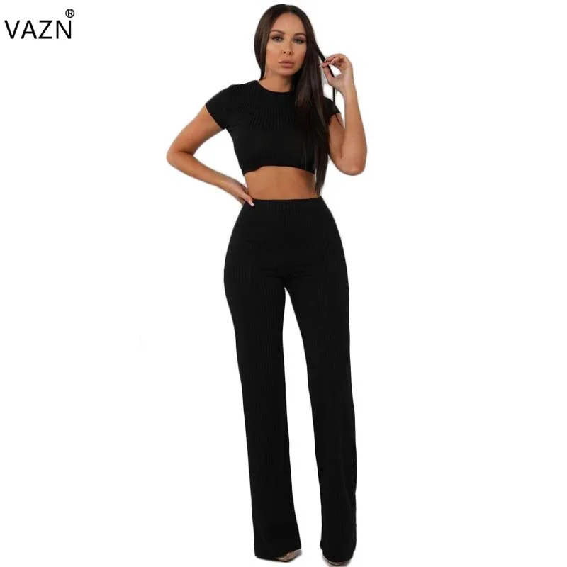 VAZN 2019 Hot Elegant Fashion Ladies Sexy 2 Piece Set Solid O-Neck Short Sleeve Full Length Lady Hollow Out Knit TJM9298 | Женская