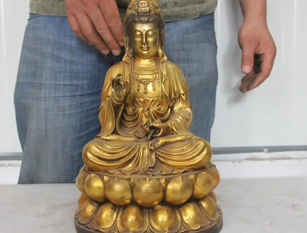 15&quot Tibet Buddhism Bronze copper Kwan-Yn GuanYin Bodhisattva Sit on Lotus Statue | Дом и сад