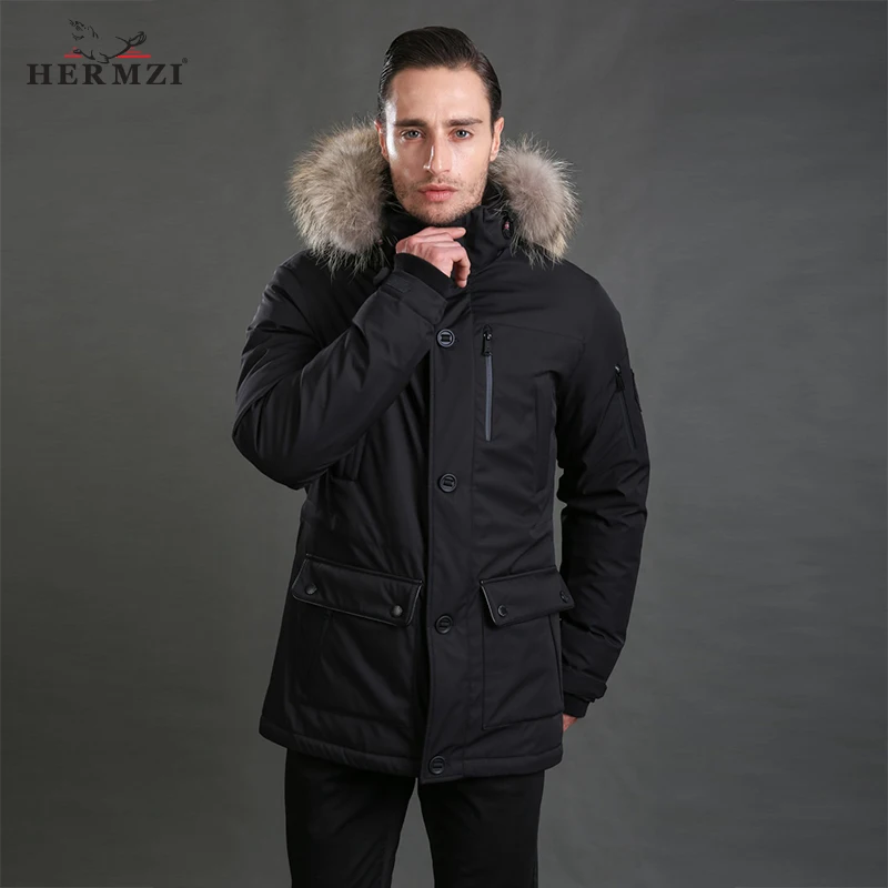 

HERMZI 2020 Down Jacket Men Winter Down Coat 80% Duck Down Thick Warm Men Long Down Jacket Down Parka Alaska Real Raccoon Fur