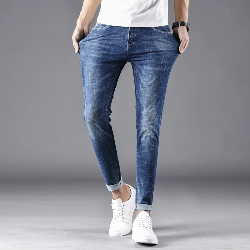 causal style straight fit stretch slub denim blue jeans pants trousers for men adults youth boys spring autum season |