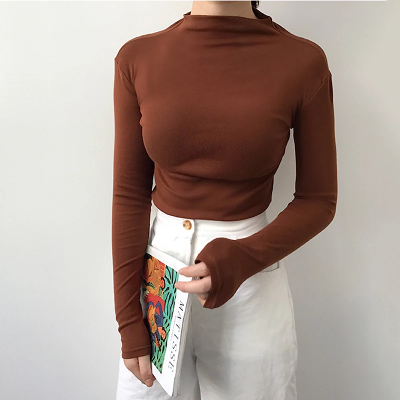 Женская водолазка Soperwillton однотонная облегающая футболка с длинными рукавами