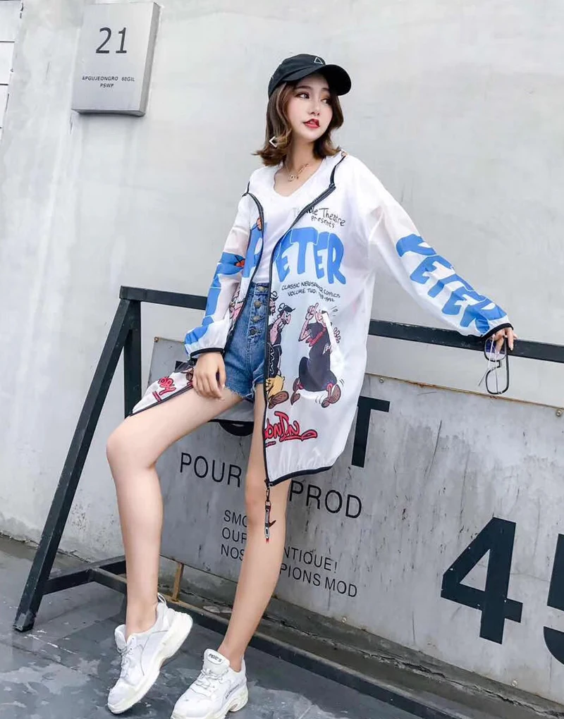 Лето мультфильм защита от солнца одежда для женщин High Street See Through Кардиган большие