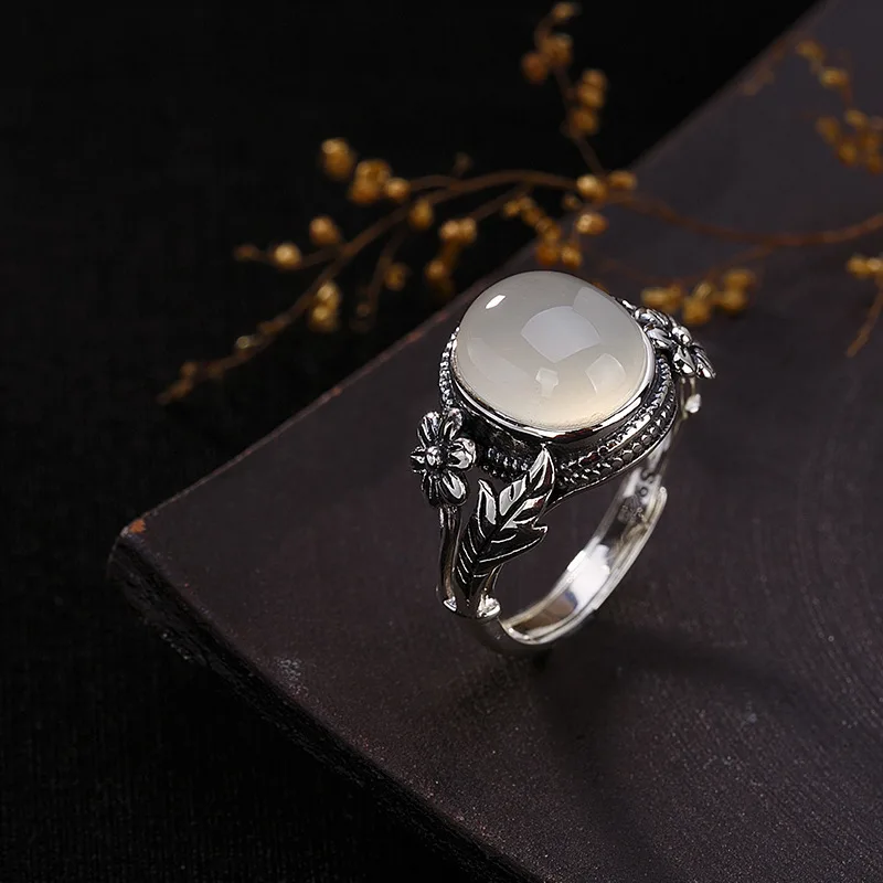 Joseph Mola 925 Sterling Silver Vintage Natural Chalcedony Gemstone Flower Leaf Open Ring For Women Elegance Fine Jewelry Rings | Украшения