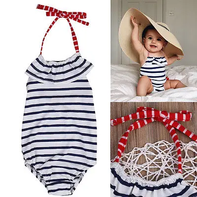 Детский слитный купальник в полоску с лямкой на шее и открытой спиной | Спорт