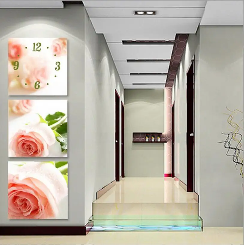 UzeQu Triptych 5D DIY Алмазная картина вышивка крестиком цветок Роза настенные часы Алмазная вышивка полная Мозаика из круглых бриллиантов часы