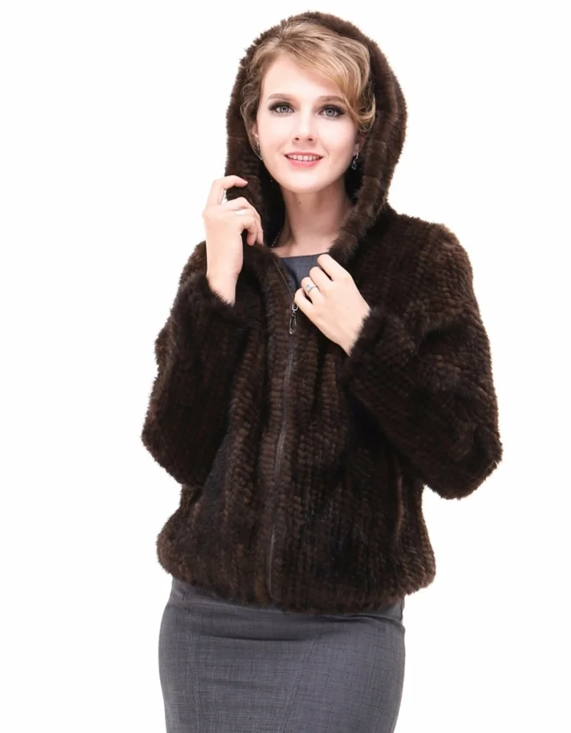 Осеннее Женское пальто из натурального вязаного меха норки с капюшоном зимняя