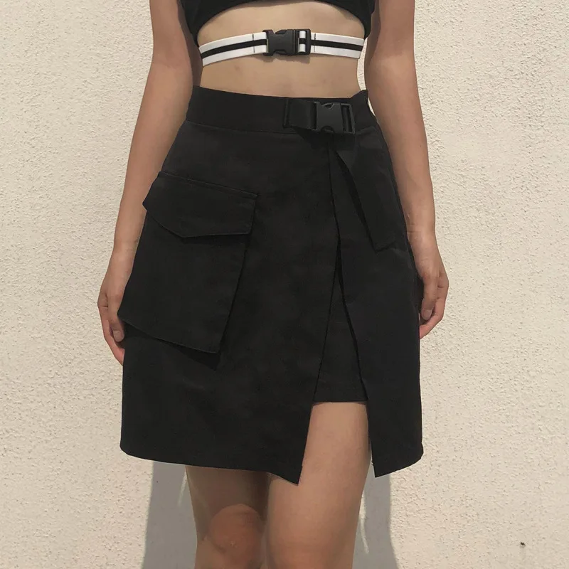 

Sweetown Autumn Winter 2018 Korean Fashion Skirts With Plastic Buckle Belt Womens Streetwear Black High Waist Harajuku Skirt