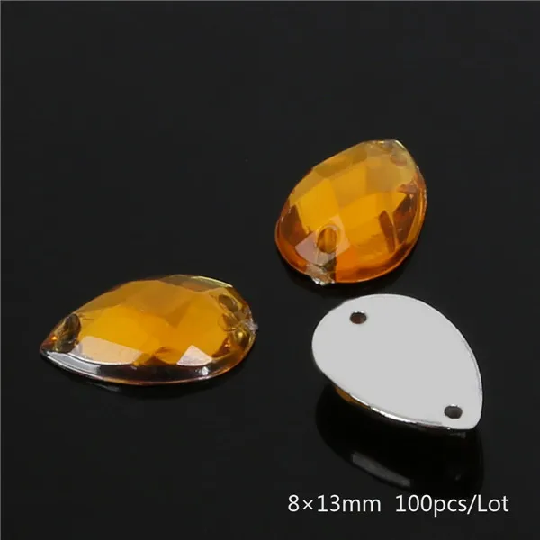 Yellow Новинка, 8*13 мм, 100 шт, 10 цветов, Хрустальная форма dr, стразы, 2 отверстия, плоские с оборота, акриловые стразы для одежды, для шитья ювелирных изделий - Цвет: Yellow