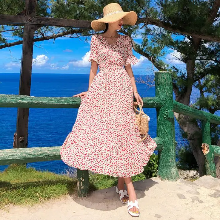 

Женское винтажное платье с цветочным принтом Artfeel, шифоновое пляжное облегающее платье миди в стиле бохо для отдыха, 2 цвета