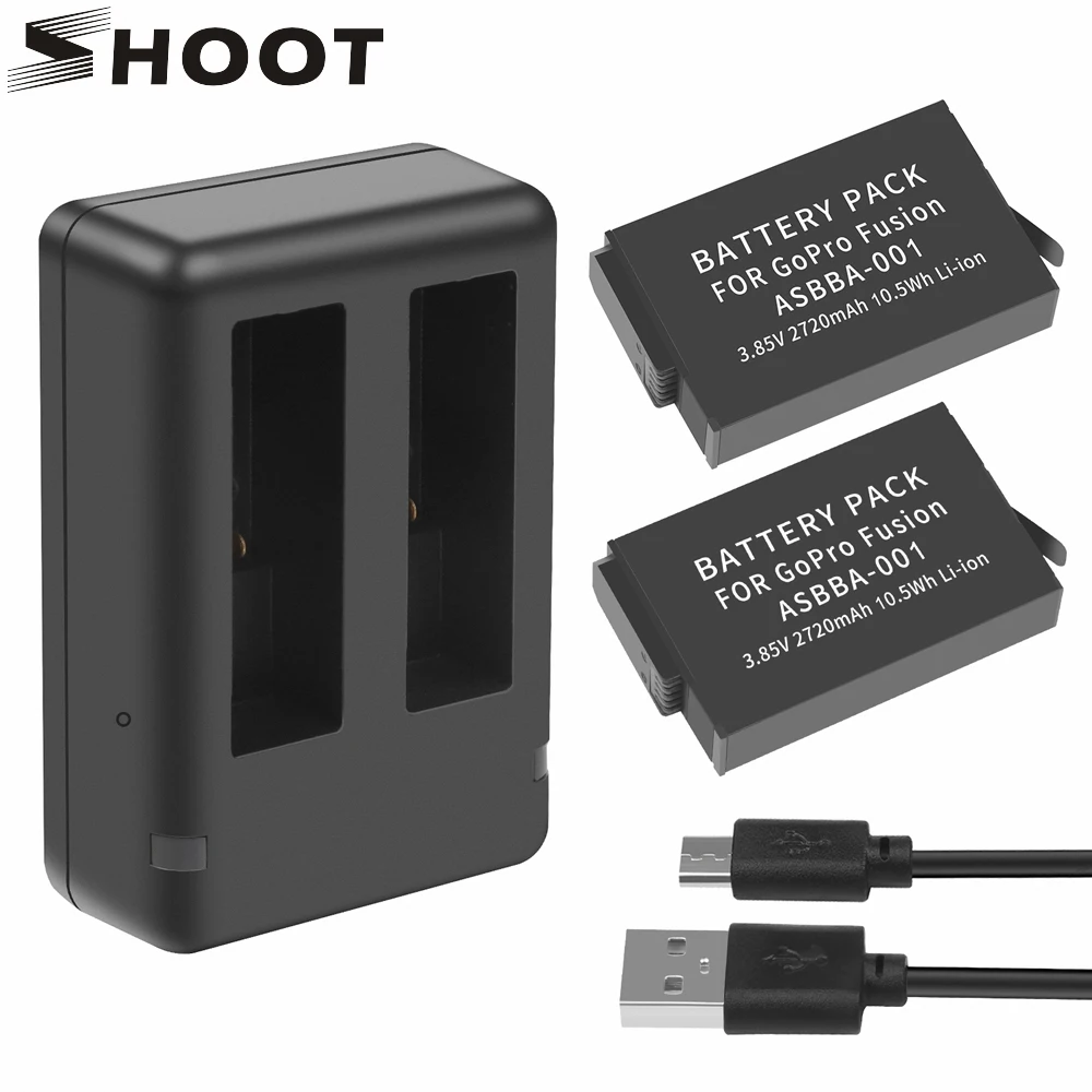 Снимайте 2 шт ASBBA-001 2720 mAh аккумулятор для GoPro Fusion с двойным USB зарядным устройством ASBBA 001 для Go Pro Fusion 360 градусов Экшн-камера