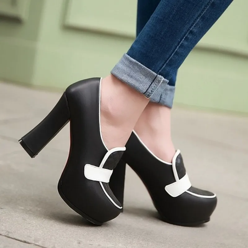 Весенние модные женские туфли на толстом каблуке 2016 винтажные туфли-лодочки с