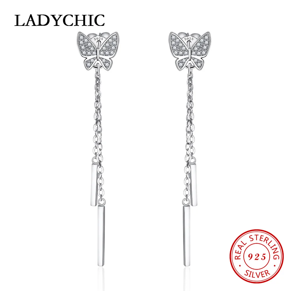 

LADYCHIC 100% 925 Sterling Silver AAA+ Zircon Butterfly Drop Earrings for Women Romantic Long Chain Earring Fine Jewelry LES1012