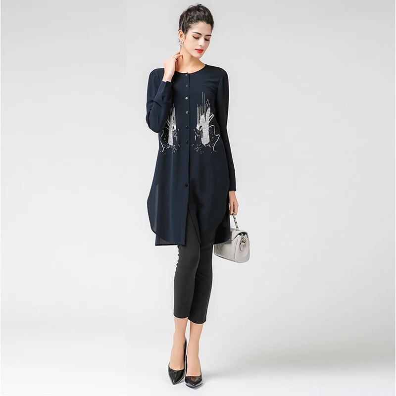 Блузка VOA Женская офисная с длинным рукавом однотонная темно синяя B7210|silk blouse|blouses