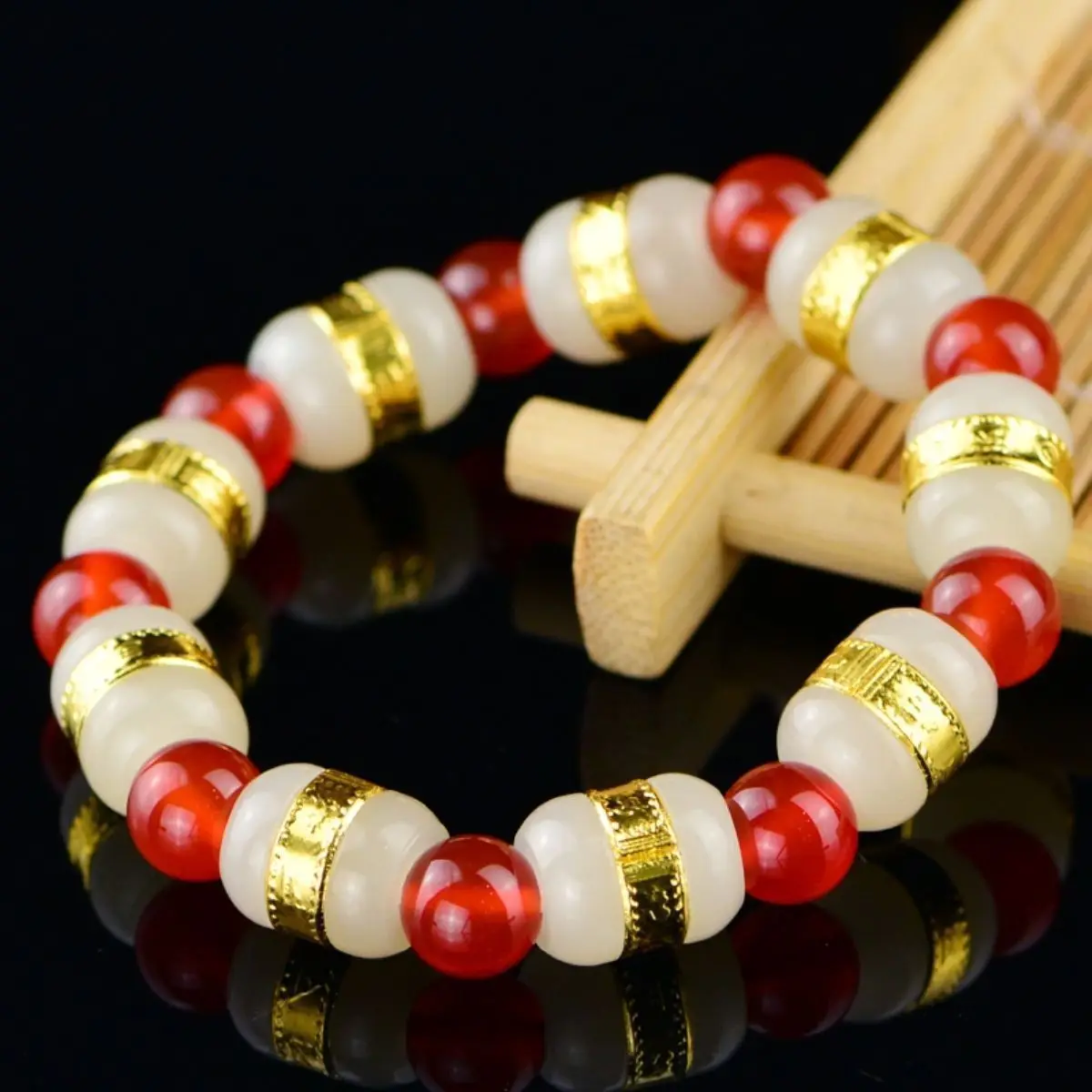 24k Yellow Gold Hetian Jade Bead With Red Agate Beads Link Bracelet 6.3inchL|bead bracelet|bead bracelet goldbead wholesale |