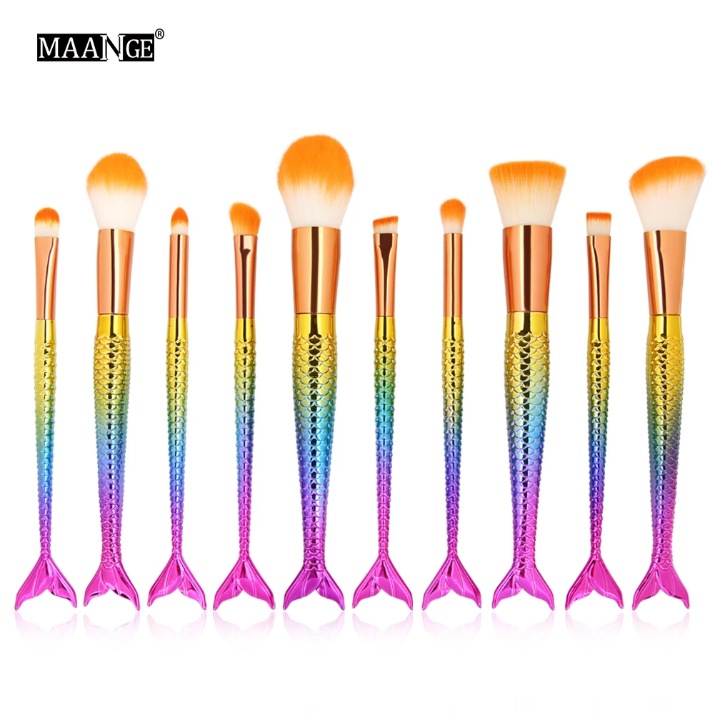 MAANGE 10PCS Mermaid Makeup Brushes Kit Eyebrow Eyeliner Blush Eye Shadow Contour Foundation Brush Set Cosmetic Make Up Tools | Красота и