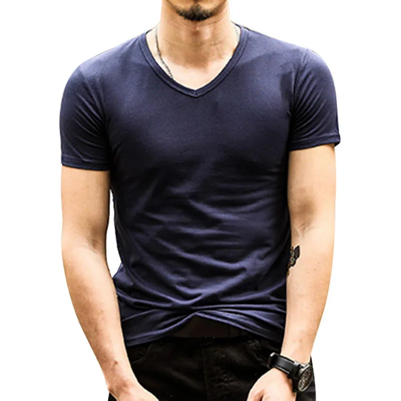 Мужская футболка с коротким рукавом и треугольным вырезом летняя повседневная