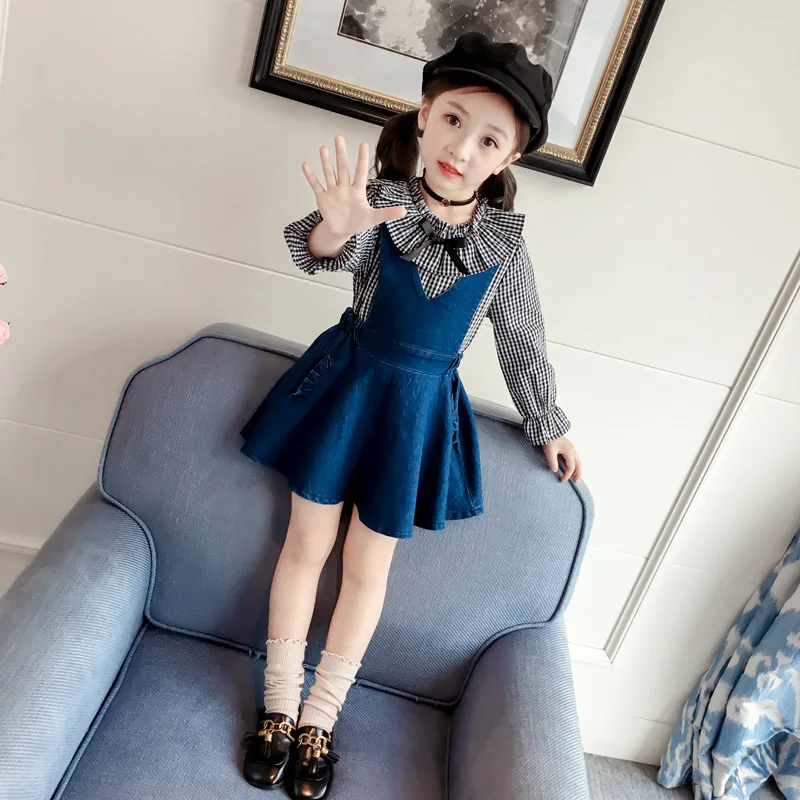 

Toddler Baby Girls Denim Lattice Strap Skirt +Long Sleeve T-Shirt Ruched Outfits Set Vestido roupa infantil roupas infantis 2pcs