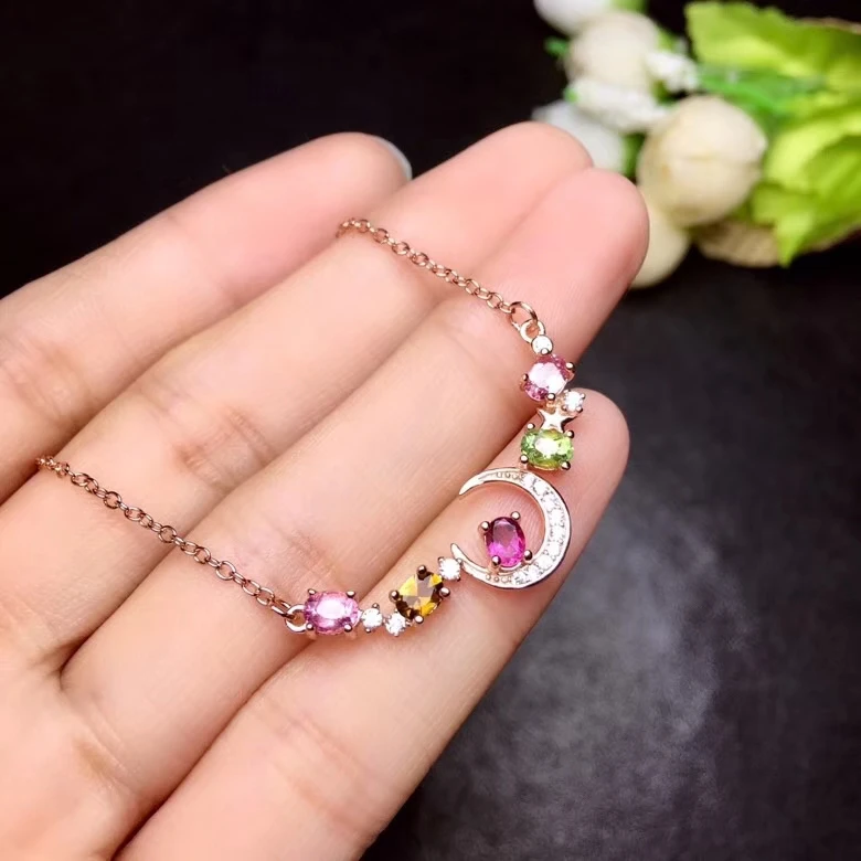 Natural Multicolor tourmaline Necklace Gemstone Pendant S925 sliver trendy Lovely Moon girl party gift Jewelry | Украшения и