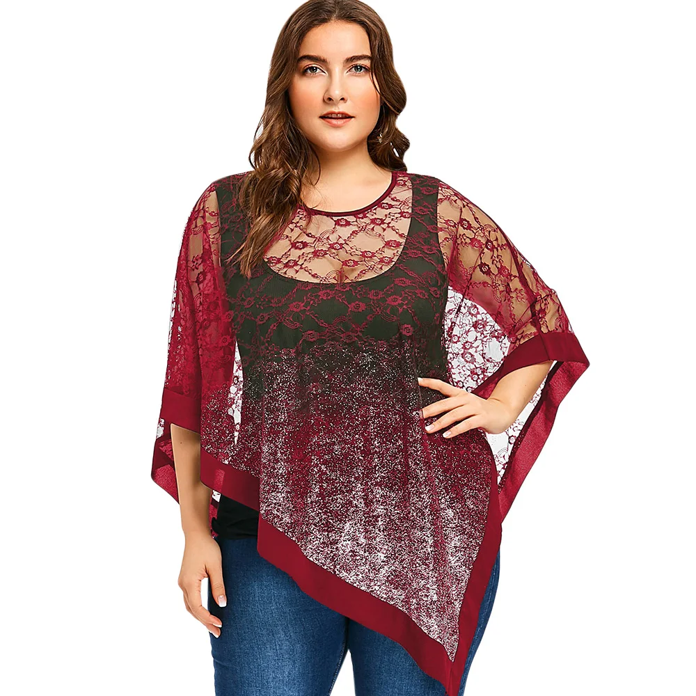 Wipalo Women Fashions Plus Size 5XL Sheer Asymmetric Lace Overlay Blouse 2019 Summer Three Quarter O Neck Tunic Tops Blusas|Блузки| |