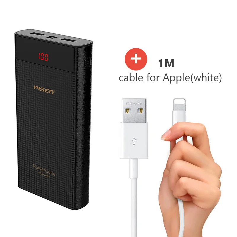 DLF2B 1 cable 100cm PowerBank Pisen Портативный внешний аккумулятор 20000 мАч. Поддежка TYPE-C. Micro USB. 2.1A, 1.5A, зарядка двух устройств - Цвет: DLF2B 1 cable 100cm