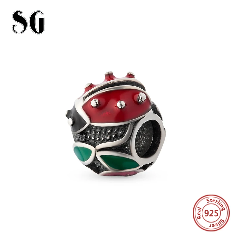 Charm Настоящий 925 пробы серебряный шарм цвет эмаль жуки Подвески Бусины Подходят Аутентичные pandora Браслеты Изготовление ювелирных изделий - Цвет: Charm
