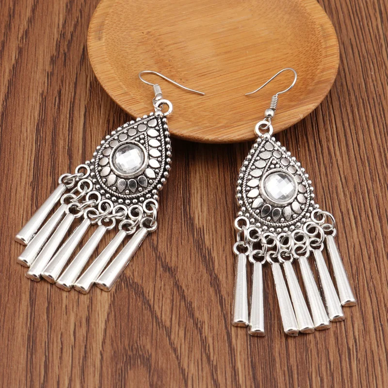 Seblasy New Vintage Tribal Jewelry Long Statement Hollow Crystal Water Droplet Dangle Earrings Stripe Tassel Drop Women | Украшения и