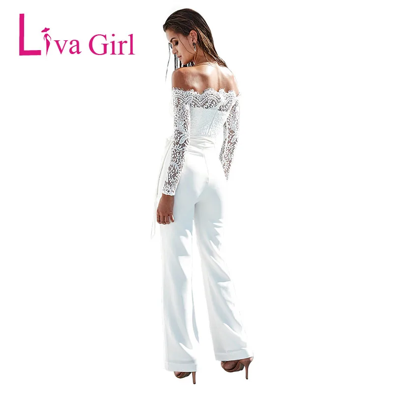 Женский кружевной комбинезон LIVA GIRL черный/белый с открытыми плечами и длинным
